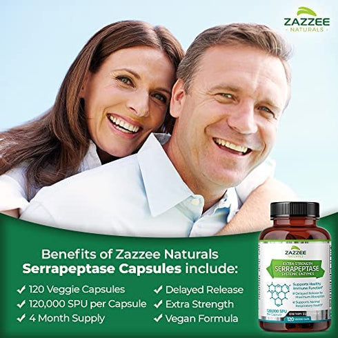 Zazzee Extra Strength Serrapeptase 120,000 SPU, 120 Vegan Capsules, Delayed Release, Systemic Enzymes, Supports Healthy Sinuses and a Healthy Immune System, Non-GMO and All-Natural